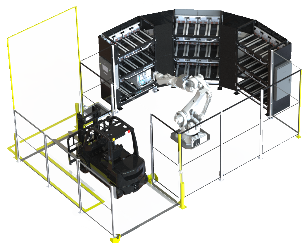 The PowerBase: exchange robot, safety fencing, sensors, and control rack in one cell